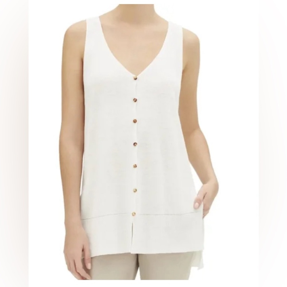 Lafayette 148 Button Front Relaxed Linen Sleeveless Knit Vest Cream (NWT)